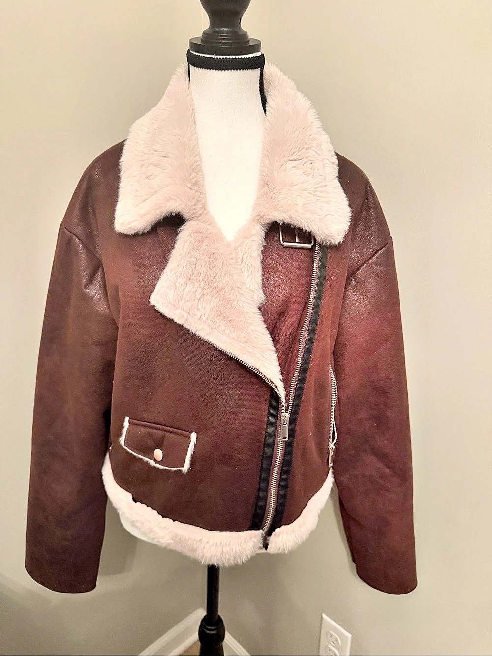 Relish NOLESS Faux Shearling Aviator Moto Jacket Brown Cream Women’s L Biker
